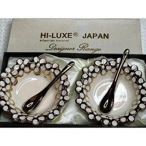 Hi Luxe Japan Designer Range 2 Pc Bowl Spoon Set White Gold Trim Tableware NOS